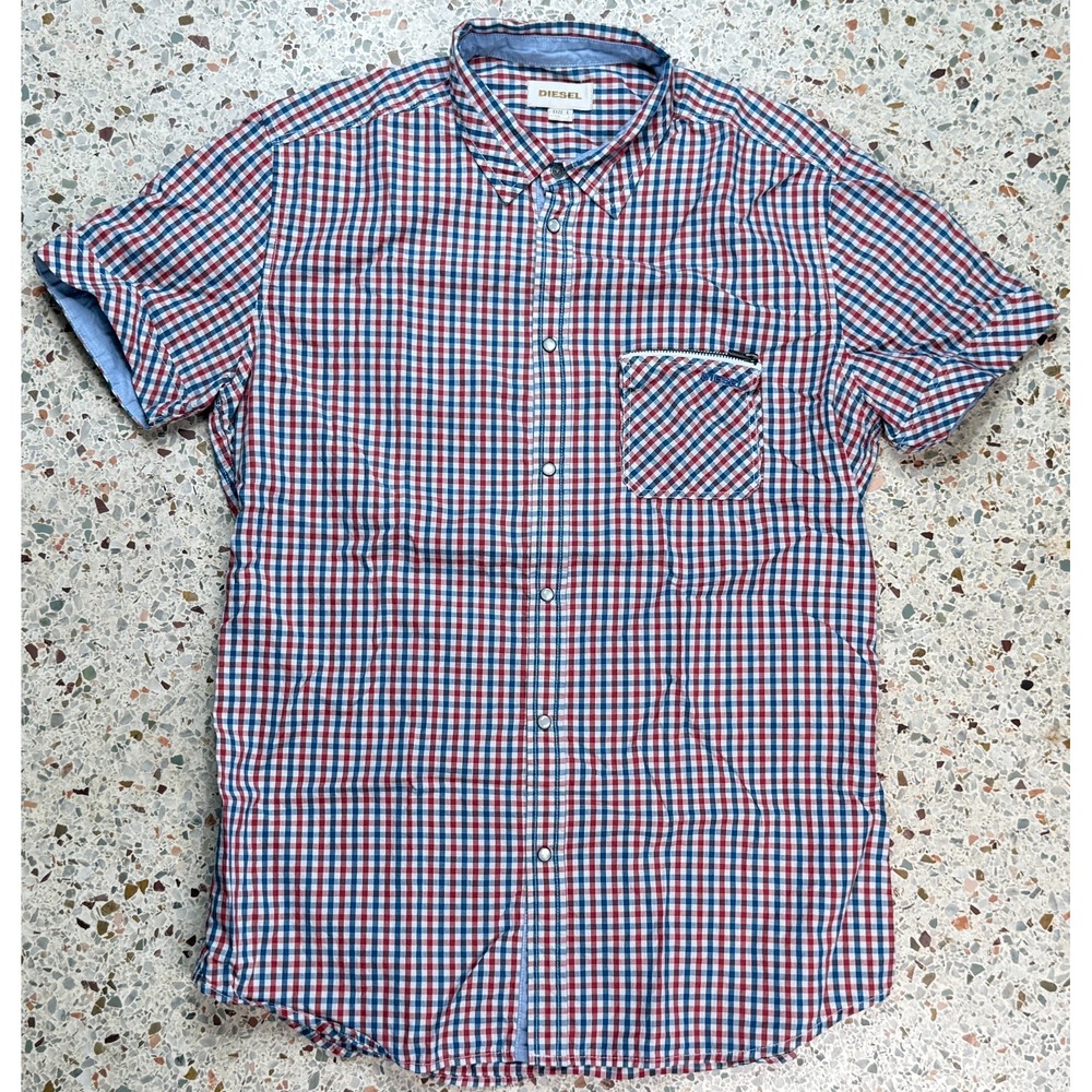 Diesel Men's Snap Button Front Zipper Pocket Short Sleeve Shirt Size Large